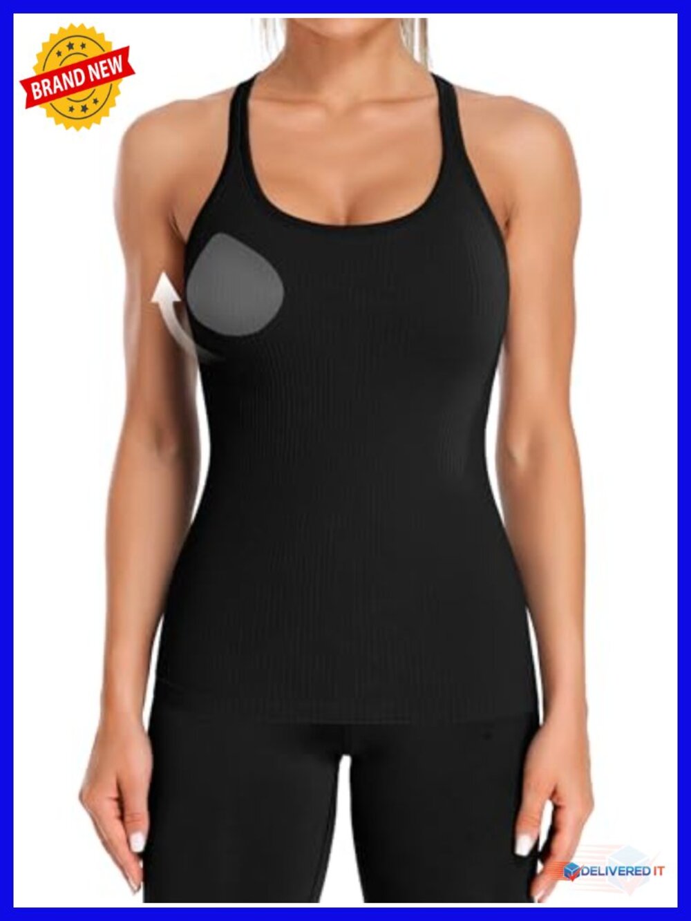 Ribbed Workout Tank Top with Built in Bra and Removable Pads